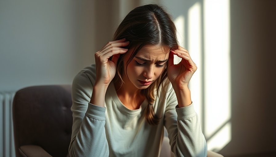 Young woman holding her temples, illustrating headache symptoms.