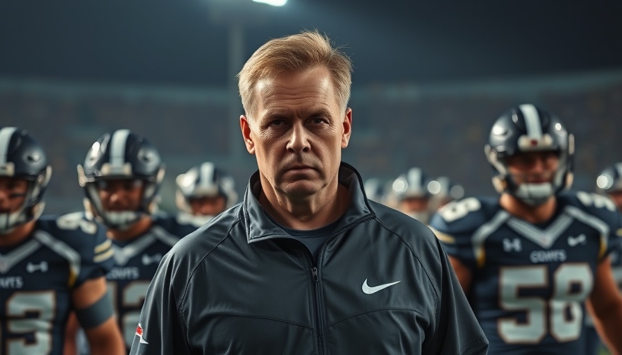 Coach in warm clothes with focused expression at night game.