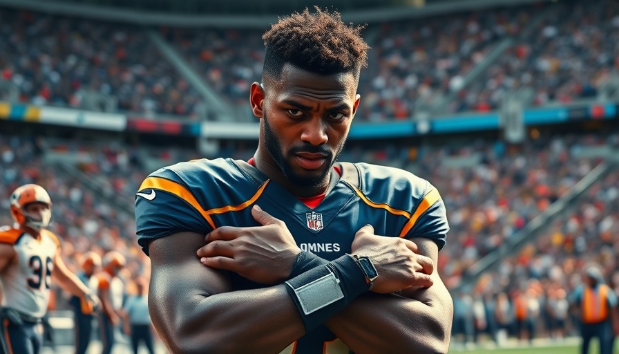 Kansas City sports news: Football player adjusts arm brace in a stadium.
