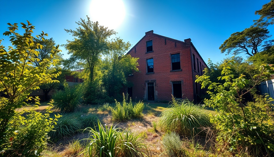 Overgrown lot in Kansas City neighborhood under blue sky.
