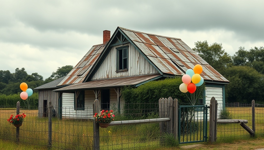 Old farmhouse with balloons and flowers, Kansas City neighborhoods.