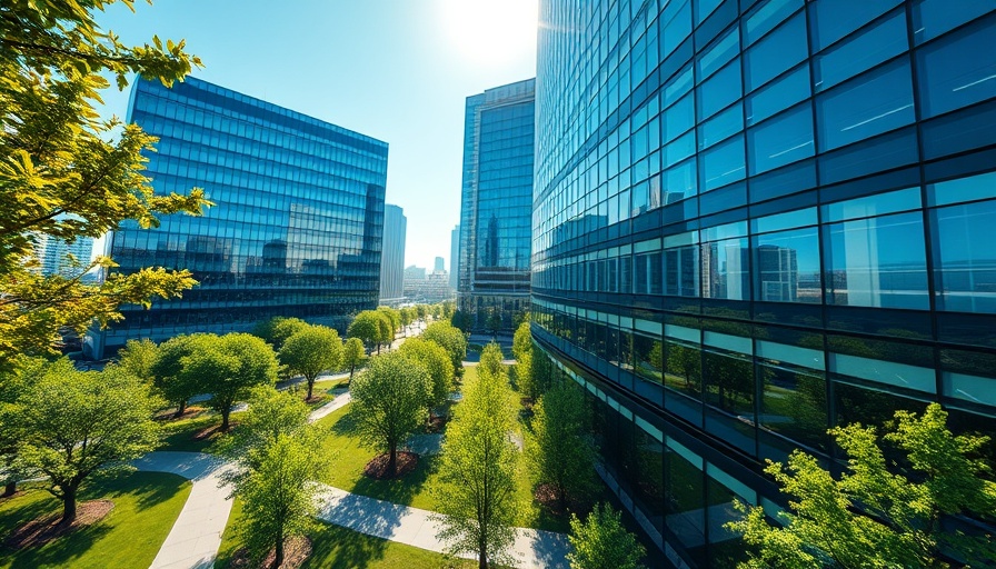 Modern office building in Kansas City neighborhood with green surroundings.