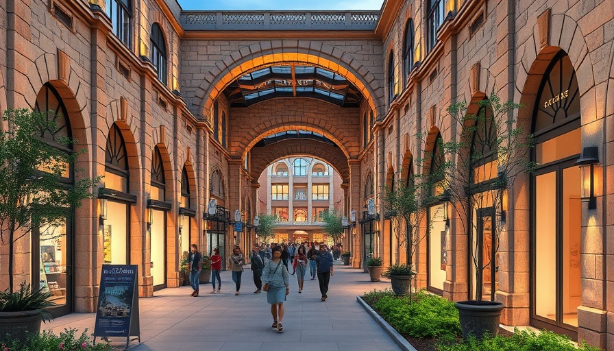 Charming shopping center with stone archways at Kansas City fitness centers