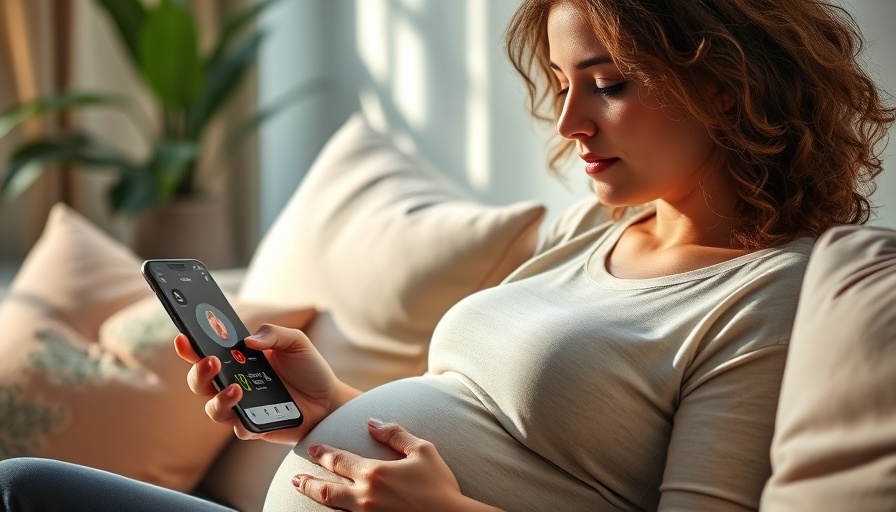 Pregnant woman using app to feel baby's heartbeat through phone