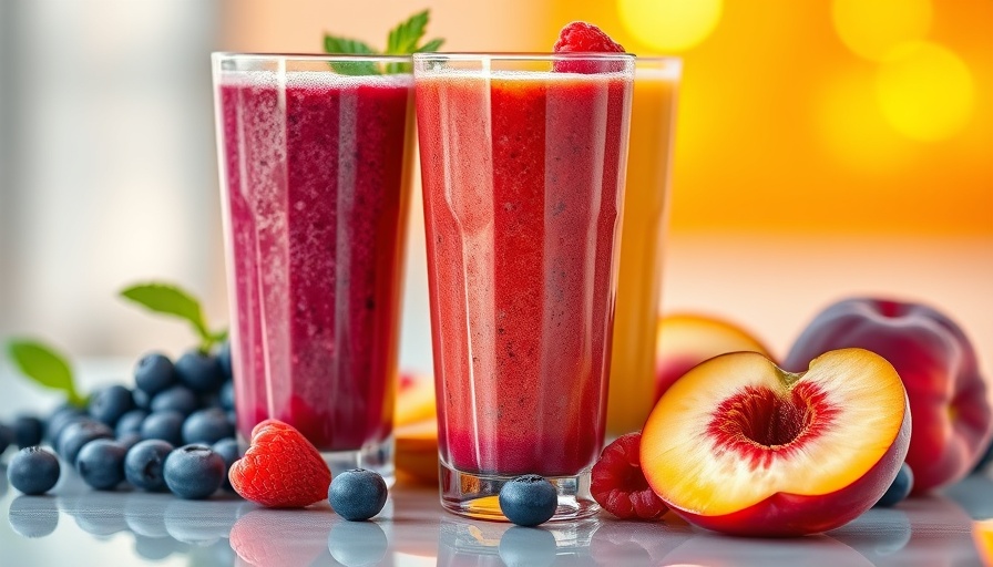 Colorful high-protein smoothies with fruit and ice.