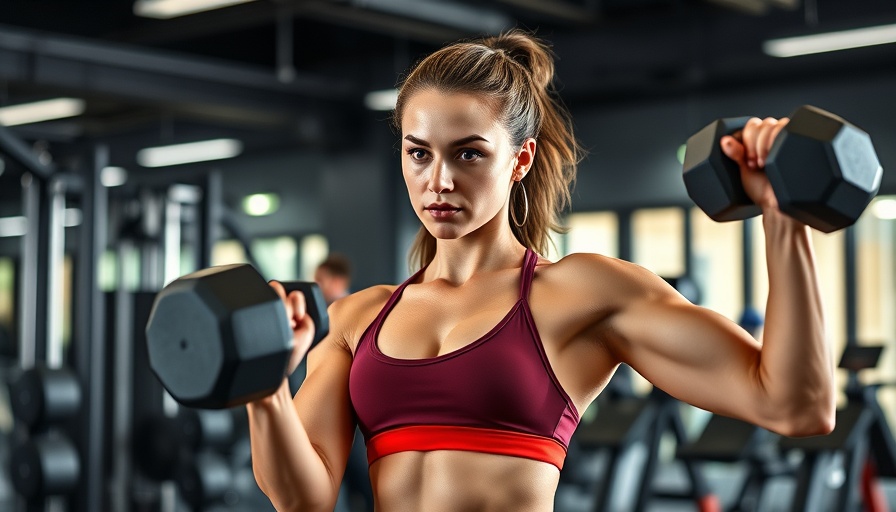 Fit young woman demonstrating upper body workout routine in a gym.