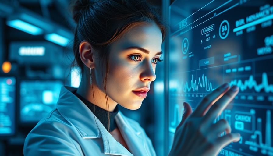 Futuristic woman examining biometric data, illustrating biohacking trends for 2026.