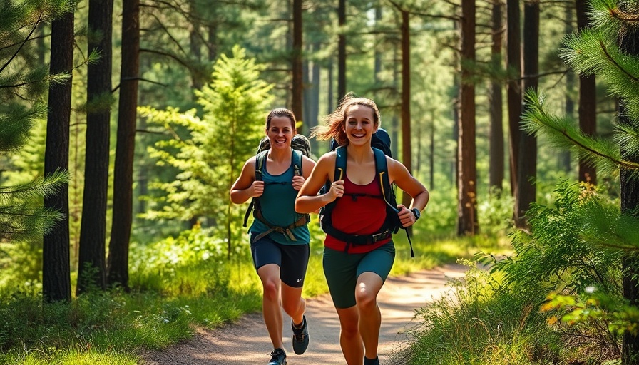 Dynamic hikers running on a forest trail, strength training for hikers.