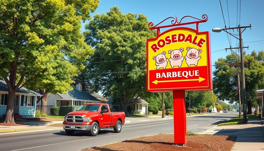 Wyandotte County Barbecue Trail: Rosedale Barbeque sign on a sunny street.