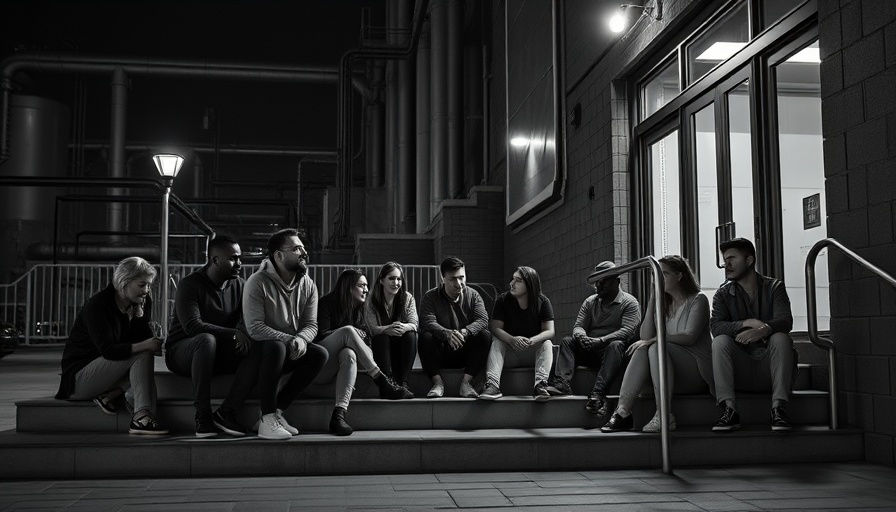 People sitting on steps outside building at night, Kansas City child protection system discussion.