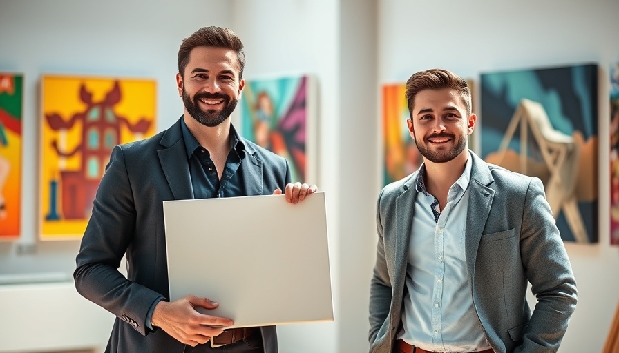 Stylish men in Kansas City art gallery, engaging with art.