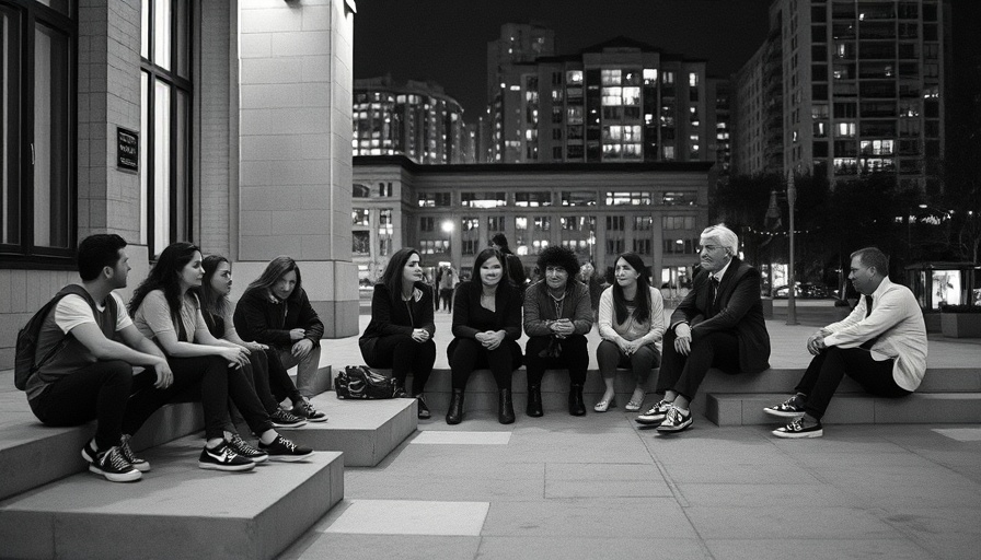 People gather outside a building at night, showcasing a community ambiance.