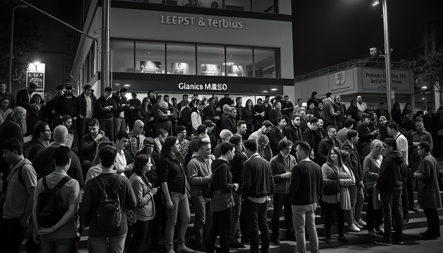 Group gathers outside Kansas building at night, discussing child protection.