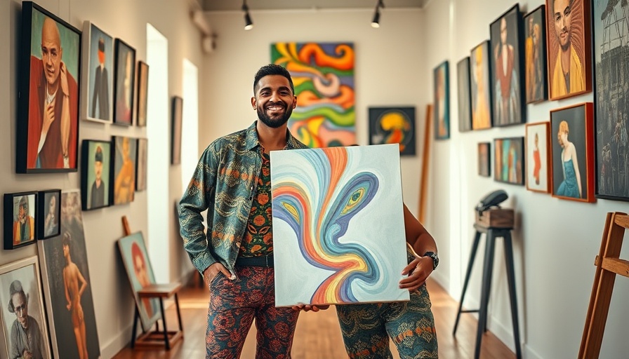 Stylish men in Kansas City art gallery holding canvas.
