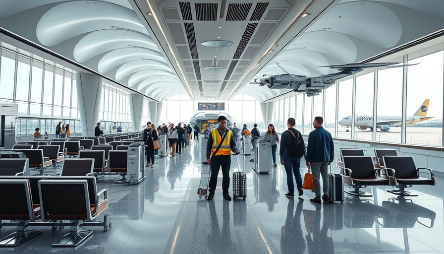 Futuristic airport with shotgun cartridge boarding system and robotic car management.