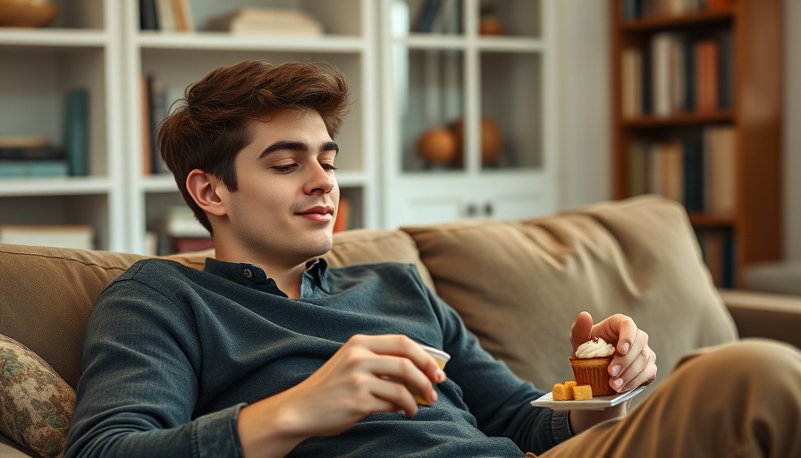 Young man enjoying desserts on a couch, illustrating unhealthy meal choices.