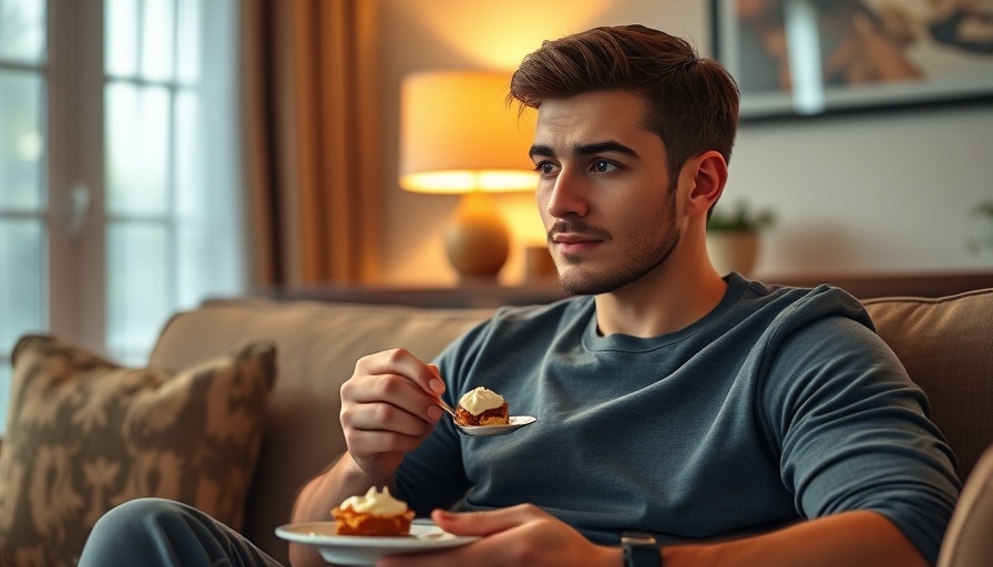 Young man eating dessert thoughtfully on sofa, cozy living room.
