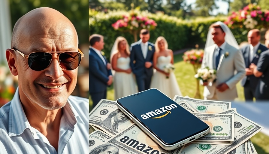 Collage with wedding, smiling man, and Amazon on money background.