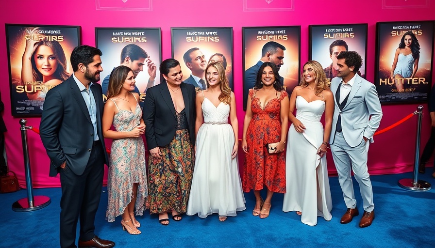 Elegant group at 'Naked Gun' premiere on blue carpet.