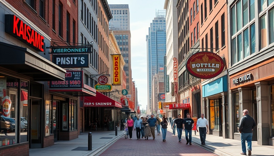 Kansas City local businesses on a vibrant street with storefronts.