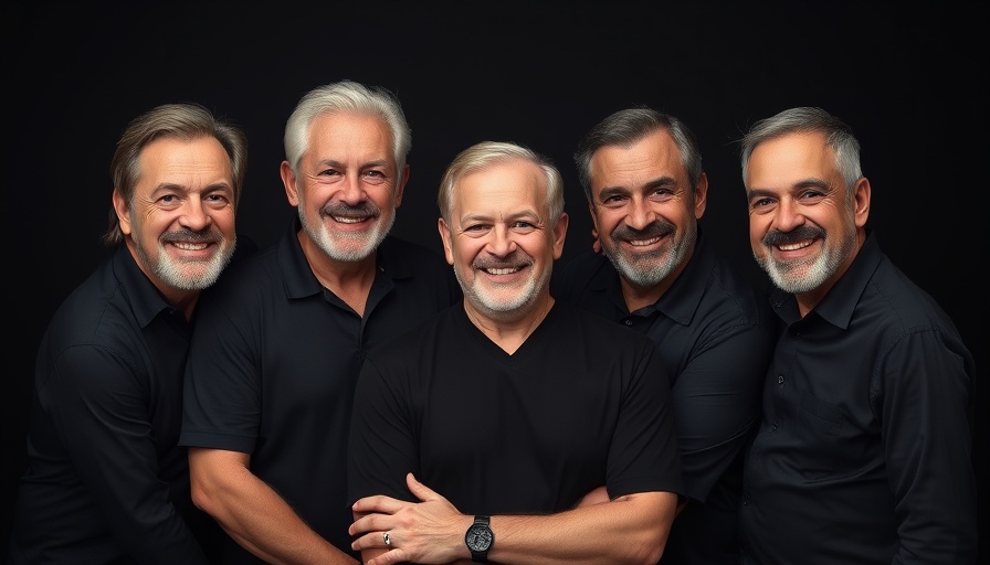 Group of five mature men smiling, Kansas City events backdrop.