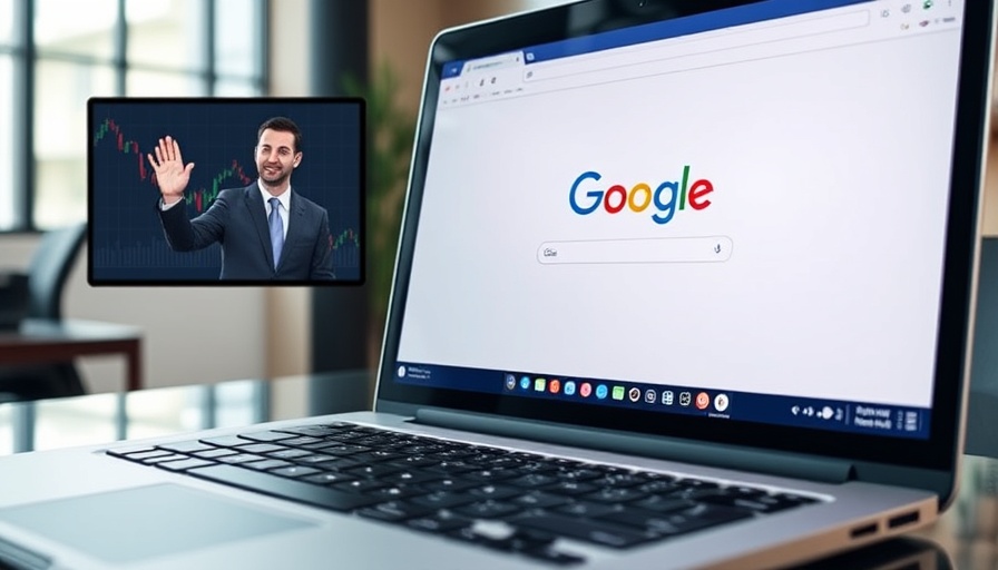 Google antitrust ruling impact: Google page on laptop, stock graph, person gesturing.