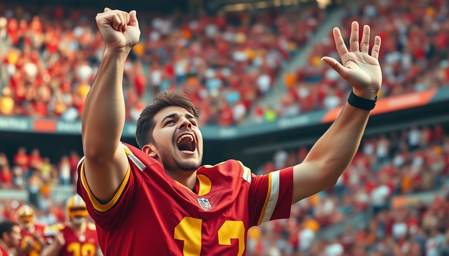 Triumphant football player celebrates in vibrant stadium setting.