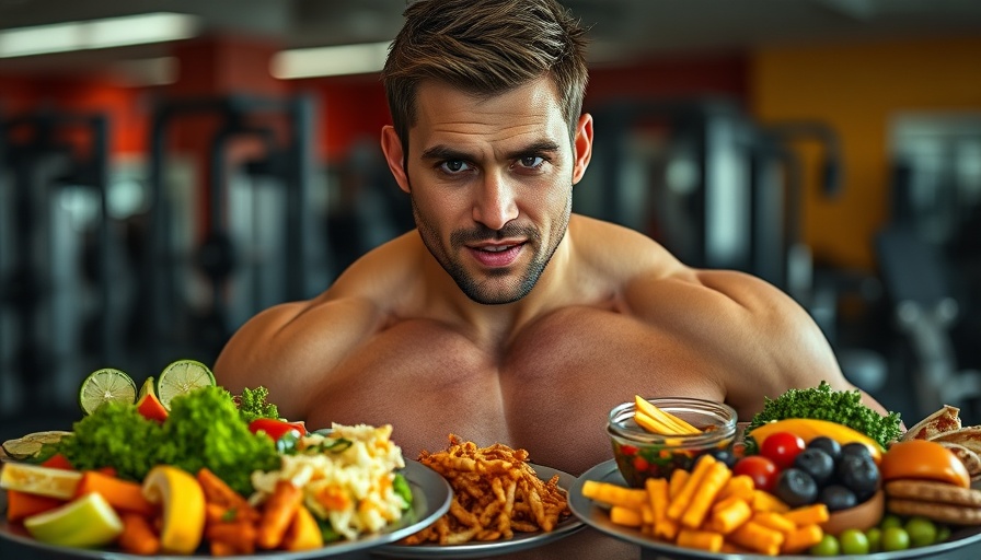 Muscular man holding healthy food in gym for smart bulking nutrition.