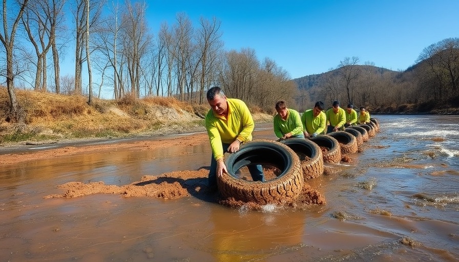 Volunteers cleaning Kansas River with tires and safety gear.