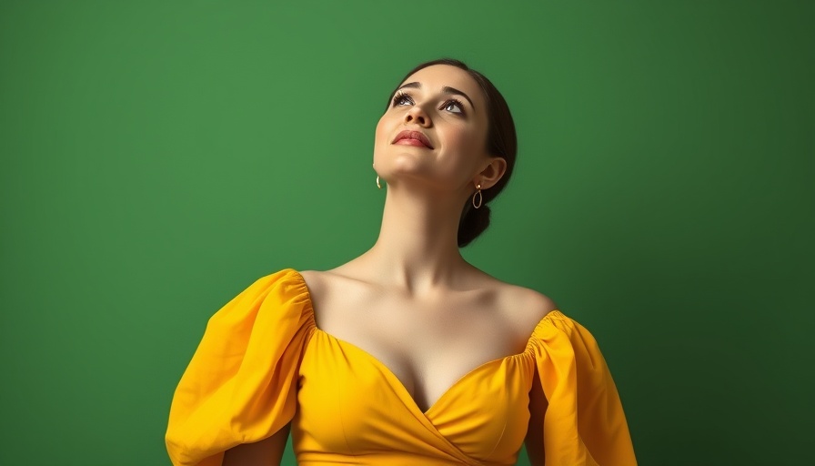 Elegant woman in yellow dress, serene expression, Kauffman Center.