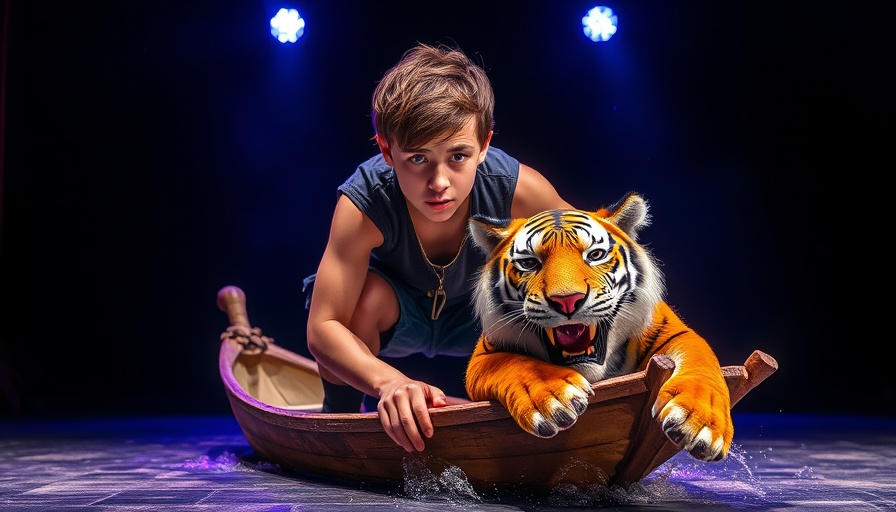 Theater scene in Kansas City featuring a man with a puppet tiger.