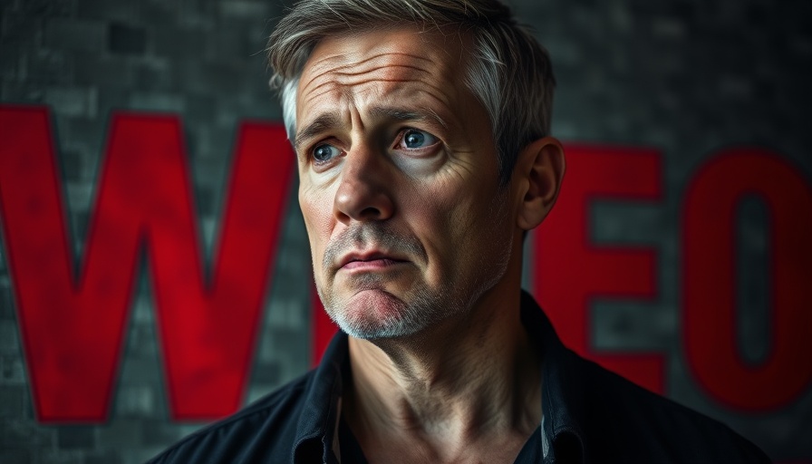 Middle-aged man with a contemplative look, red text backdrop.