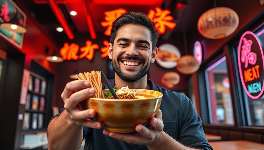 Man serving ramen in a Kansas City restaurant, vibrant atmosphere.