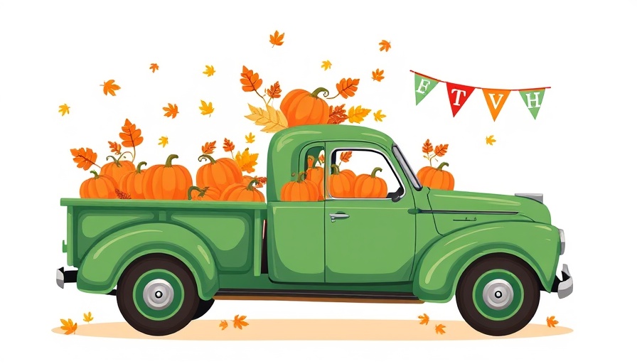 Whimsical fall festival illustration with truck and pumpkins.