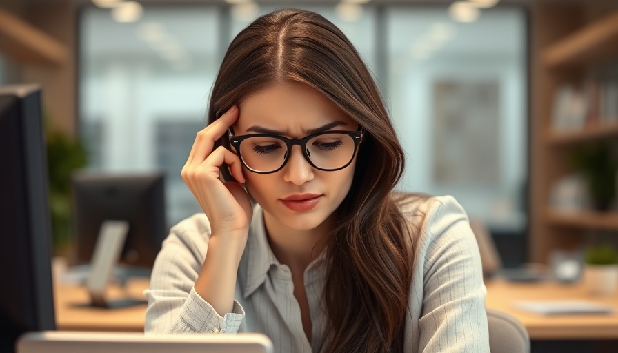 Woman experiencing discomfort at desk, holding glasses, blue light glasses effectiveness.