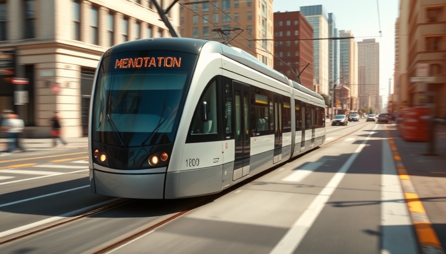 Kansas City streetcar in urban neighborhood with buildings.