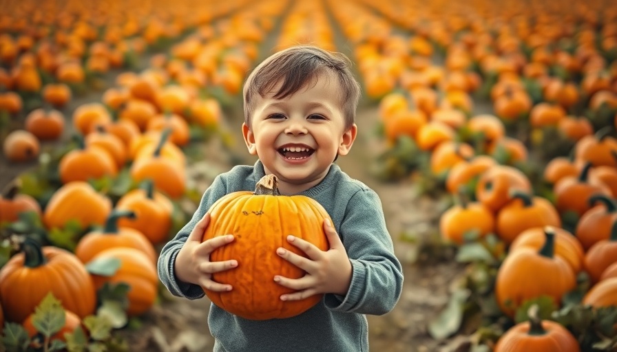 Joyful child in Kansas City pumpkin patch holding a pumpkin.
