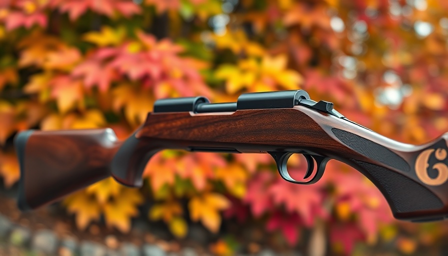 High-quality hunting rifle displayed with autumn foliage backdrop.