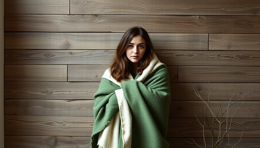 Modern heirloom blankets in Kansas City featuring a thoughtful woman wrapped in a green and cream blanket.