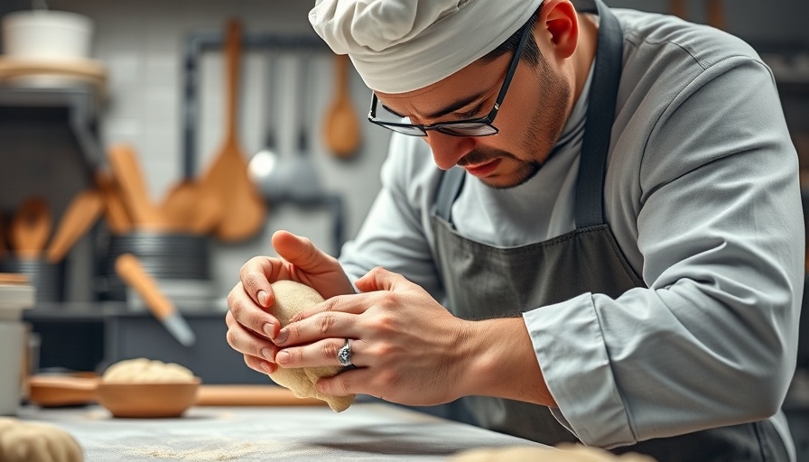 Focused baker working with dough in a commercial kitchen.