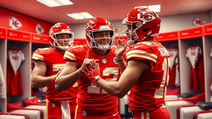 Kansas City Chiefs roster celebrating victory with Patrick Mahomes in vibrant locker room.