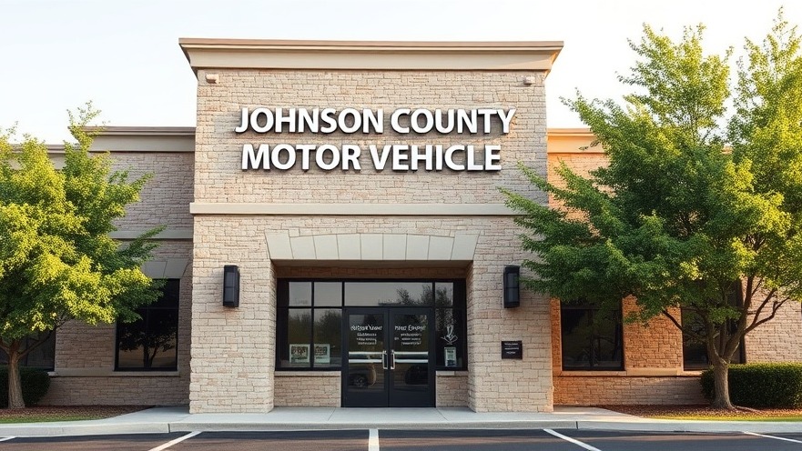 Modern Johnson County Motor Vehicle office in Kansas City neighborhoods with clear skies.