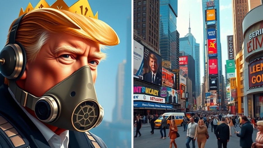Futuristic illustration of Donald Trump in a pilot suit with a crown, amidst a vibrant Times Square scene.