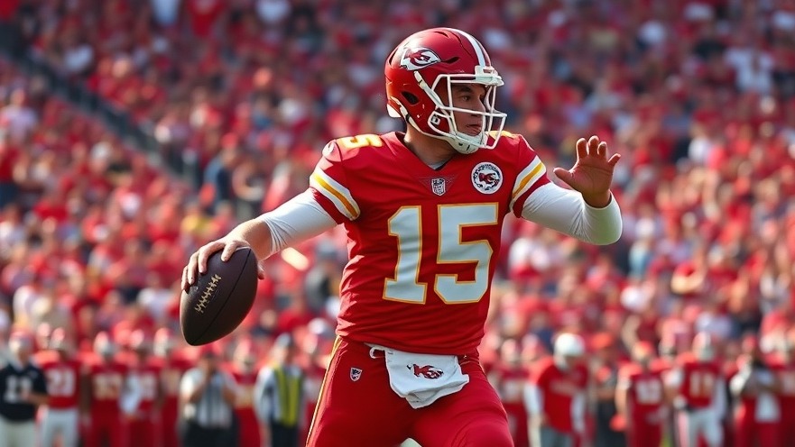 Patrick Mahomes in action with the Kansas City Chiefs roster, vibrant uniforms.