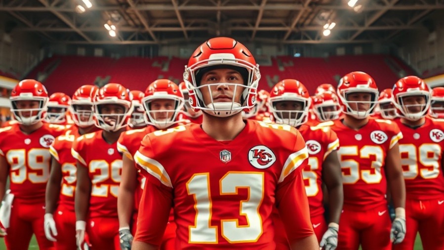 Kansas City Chiefs roster team portrait with Patrick Mahomes, detailed red uniforms.