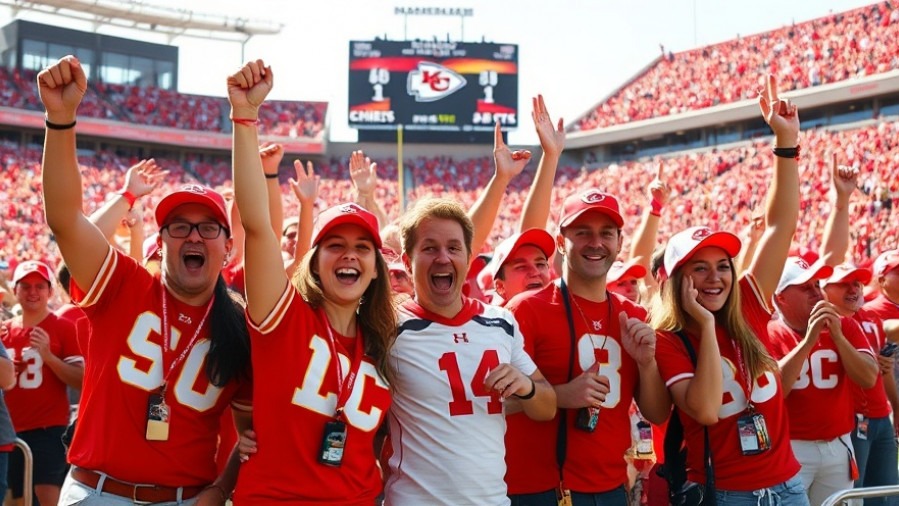 Excited Kansas City Chiefs fans celebrate during a game, showcasing team spirit and vibrant colors.