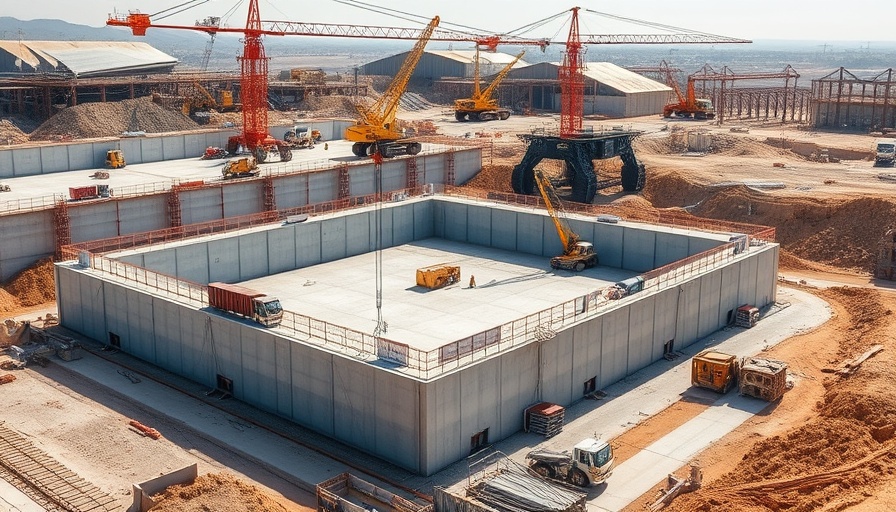 Concrete foundations in Texas construction site with workers and machinery.