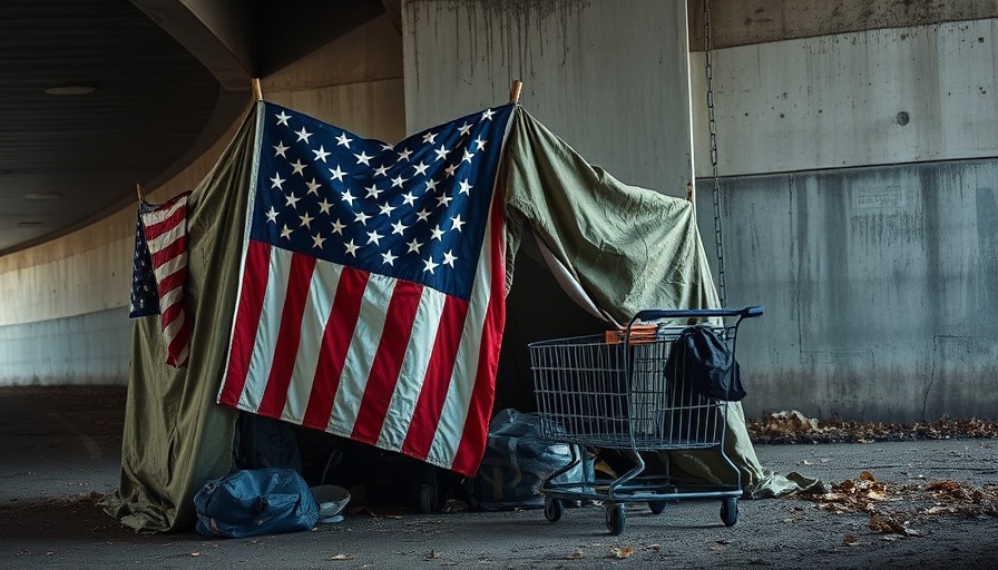 Veteran homelessness Texas scene with flag and shelter under bridge.