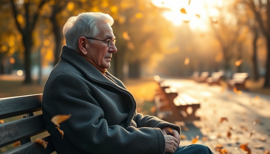 Thoughtful elderly person in park with autumn leaves, hinting at summer depression.