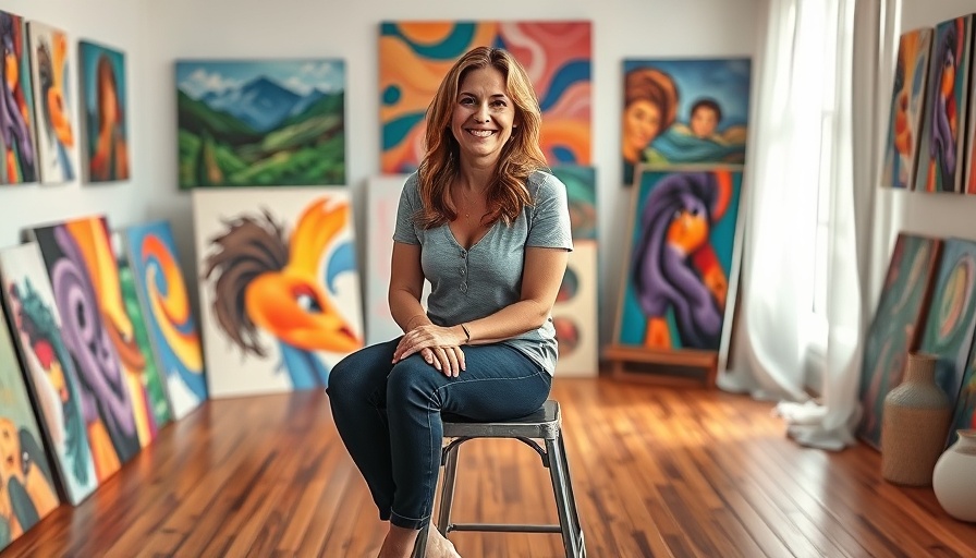 Artist in Jaylei Art Studio in Creston neighborhood with paintings.